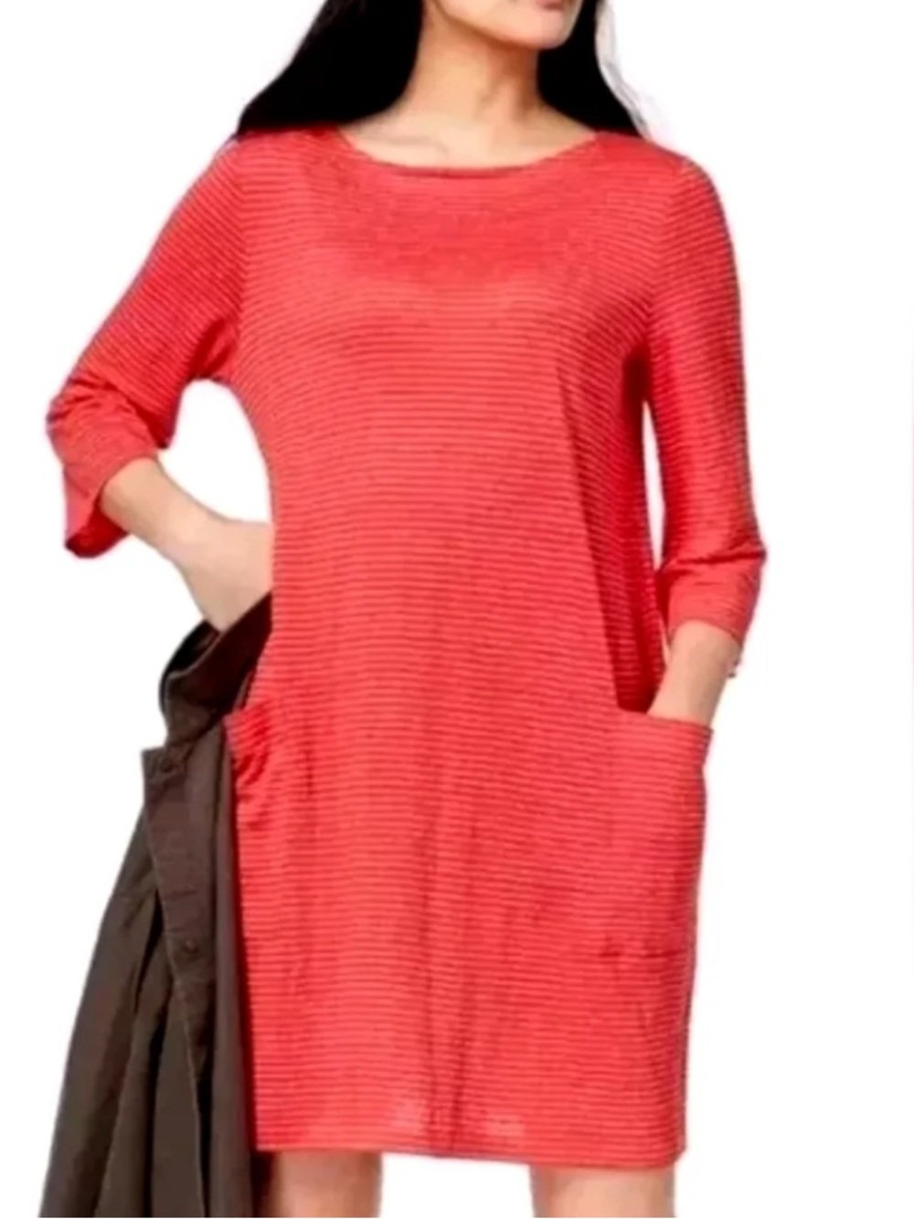 Eileen Fisher Dress Size 1X Red Striped Organic Linen Pockets 3/4 Sleeves - Picture 1 of 12